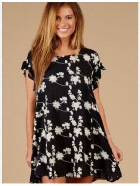 Altar'd State Black Swing Dress with White Floral Embroidery. Size Medium